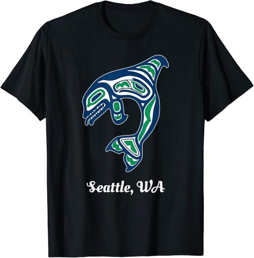 Blue Green Native American Seattle WA Orca Killer Whale T-Shirt