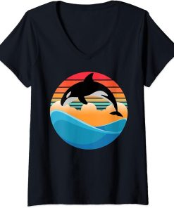 Womens Orca killer Whale Jump in Vintage and Retro Sunset and Sea V-Neck T-Shirt