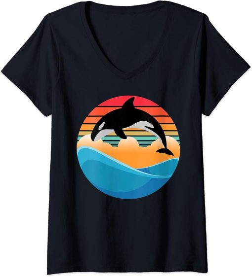 Womens Orca killer Whale Jump in Vintage and Retro Sunset and Sea V-Neck T-Shirt