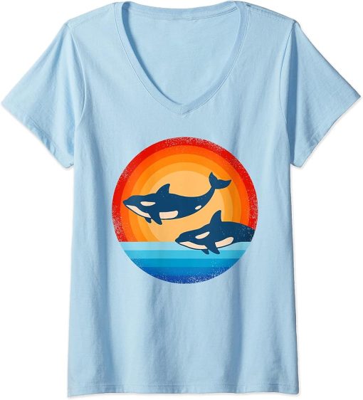 Womens Orca Killer Whale Retro Vintage 60s 70s Sunset Sea Animal V-Neck T-Shirt