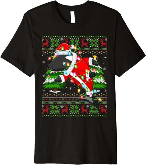 Orca Lover Xmas Lights Ugly Santa Orca Christmas Premium T-Shirt