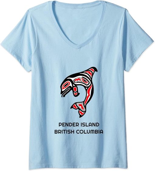 Womens Pender Island British Columbia Native Fisherman Orca Whale V-Neck T-Shirt