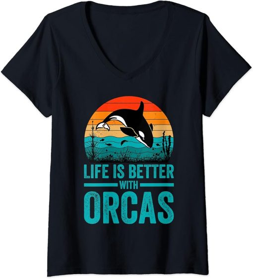 Womens Life Is Better With Orcas Killer Whale Vintage Orca Lovers V-Neck T-Shirt